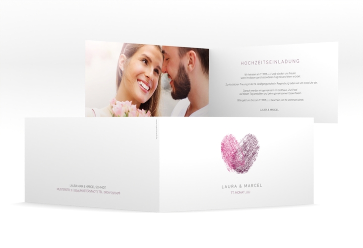 Hochzeitseinladung Fingerprint lange Klappkarte quer pink schlicht mit Fingerabdruck-Motiv