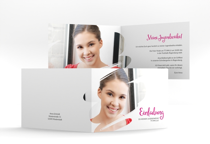 Einladung Jugendweihe Youngster A6 Klappkarte quer pink