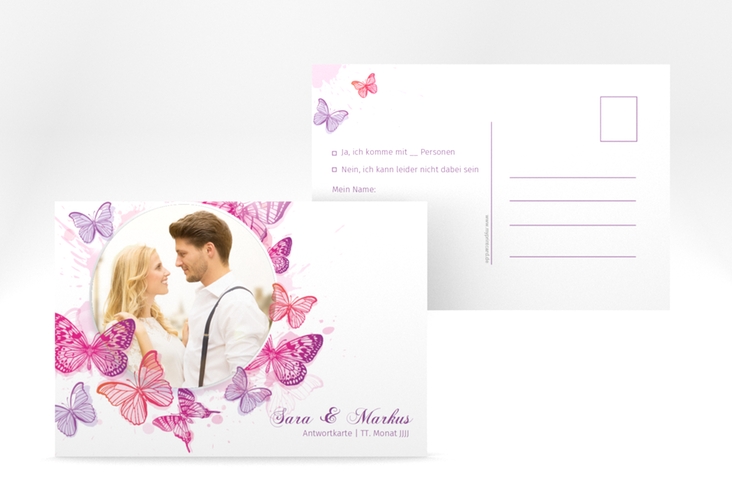 Antwortkarte Hochzeit  Schmetterlinge A6 Postkarte pink hochglanz
