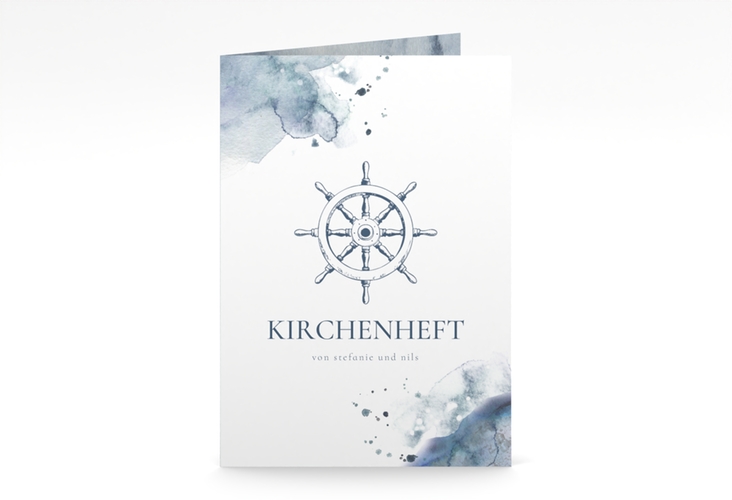 Kirchenheft Hochzeit Steuerrad A5 Klappkarte hoch blau in maritimen Blautönen