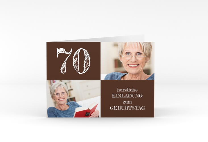 Einladung 70. Geburtstag Lebensfreude A6 Klappkarte quer braun hochglanz