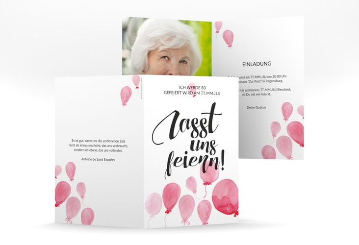 Einladung 80. Geburtstag Ballon A6 Klappkarte hoch rot mit Luftballons im Aquarell-Design