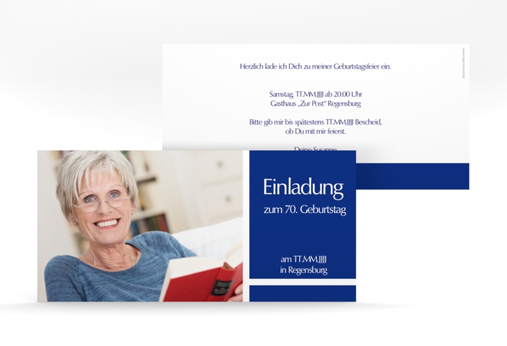 Einladung 70. Geburtstag Gerd/Gerda lange Karte quer blau mit Foto