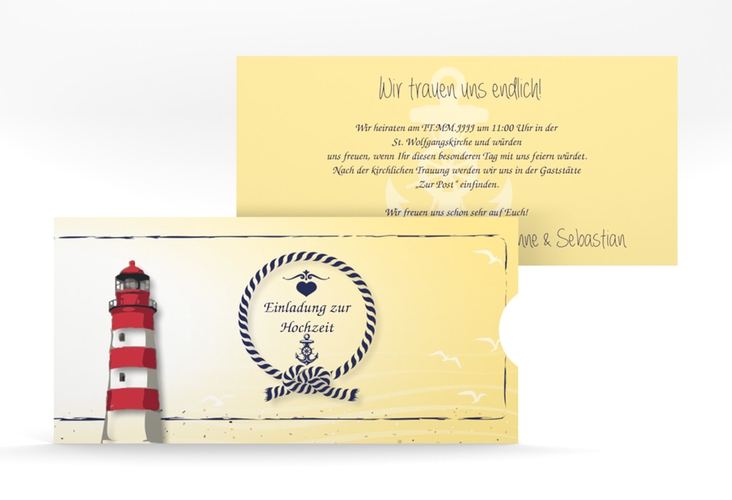 Hochzeitseinladung Sylt Einsteckkarte gelb mit Leuchtturm
