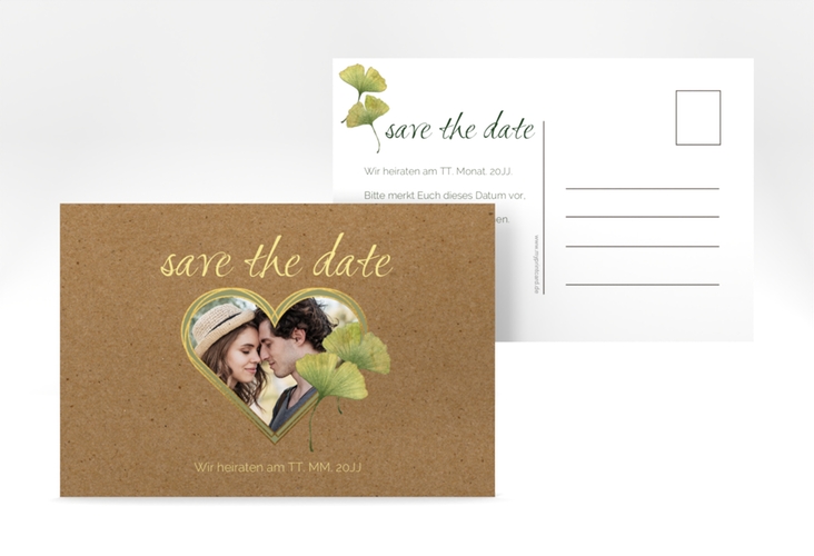 Save the Date-Postkarte Ginko A6 Postkarte hochglanz mit Herz und zwei Ginkgo-Blättern