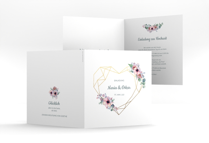 Hochzeitseinladung Herzgold quadr. Klappkarte hochglanz