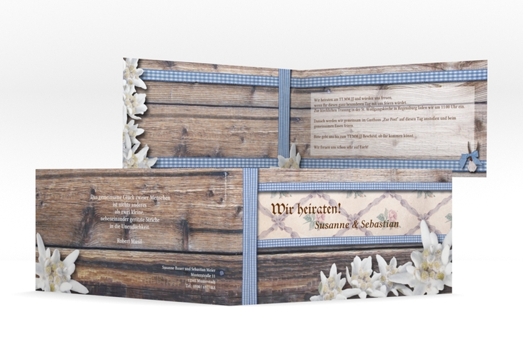 Einladungskarte Hochzeit Bayern lange Klappkarte quer mit Edelweiß in rustikaler Holz-Optik