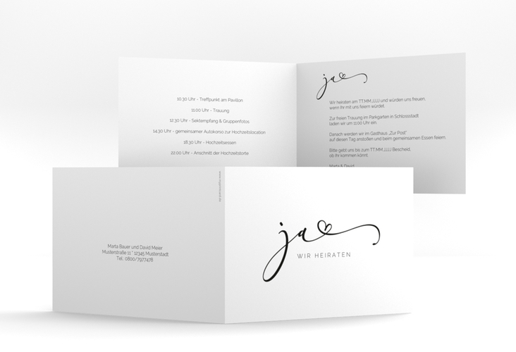 Hochzeitseinladung Jawort A6 Klappkarte quer weiss hochglanz modern minimalistisch mit veredelter Aufschrift