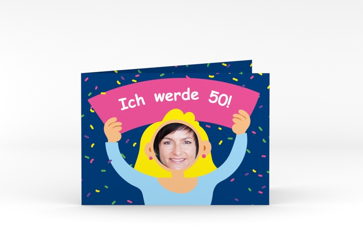 Einladung 50. Geburtstag Comic Woman A6 Klappkarte quer hochglanz