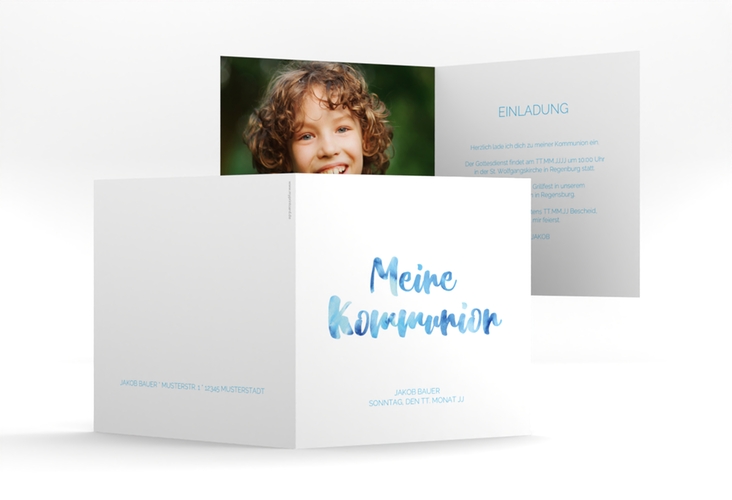 Kommunionseinladung Flora quadr. Klappkarte blau
