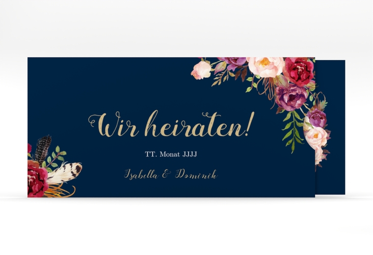 Hochzeitseinladung Flowers Einsteckkarte blau mit bunten Aquarell-Blumen