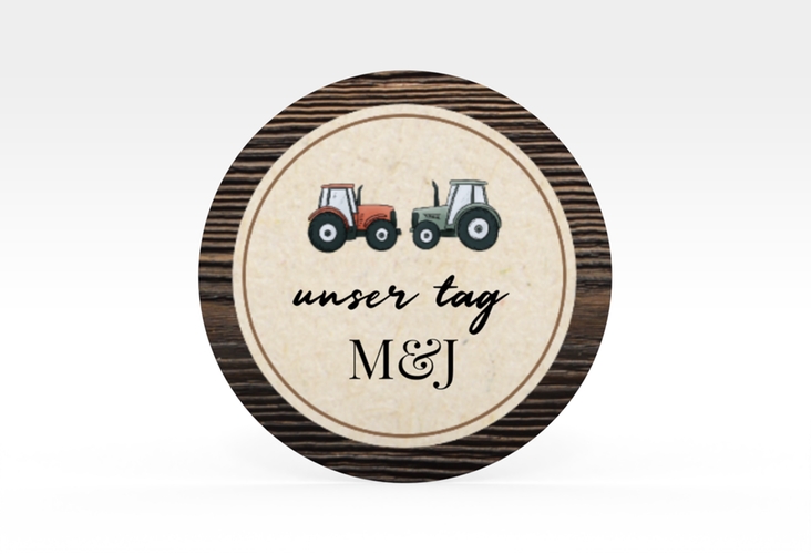 Aufkleber Hochzeit Bauernhochzeit Aufkleber, selbstklebend, rund braun in rustikaler Holz-Optik mit Schleierkraut und zwei kleinen Traktoren