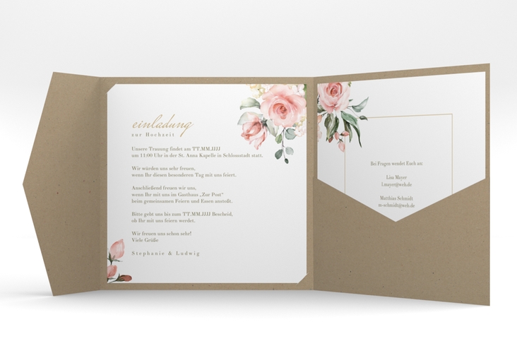 Hochzeitseinladung Graceful Pocketfold hochglanz mit Rosenblüten in Rosa und Weiß