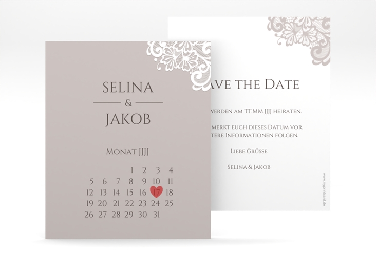 Save the Date-Kalenderblatt Vintage Kalenderblatt-Karte grau hochglanz mit floraler Spitze