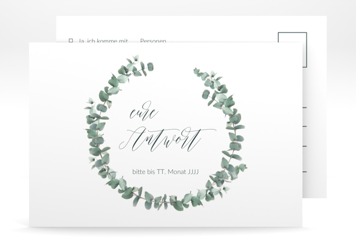 Antwortkarte Hochzeit Silverleaf A6 Postkarte weiss hochglanz mit Eukalyptus-Zweig