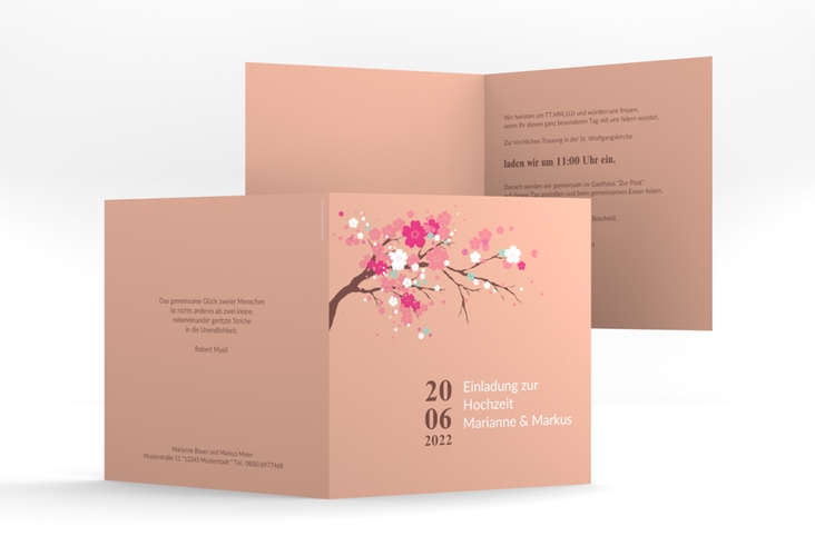Hochzeitseinladung Sakura quadr. Klappkarte apricot hochglanz