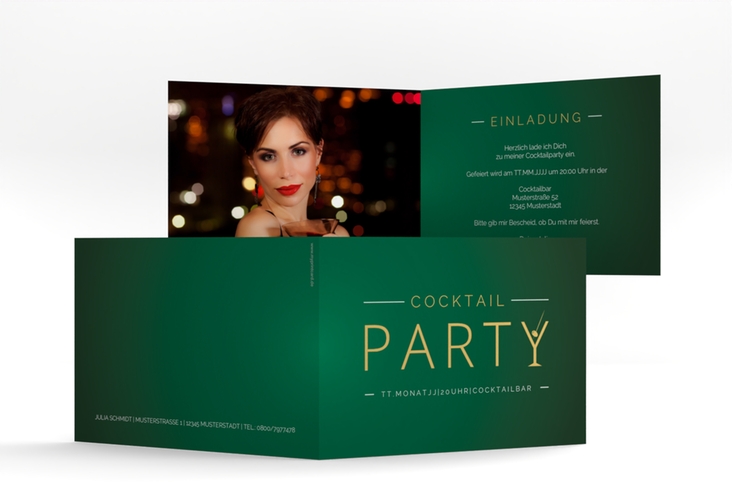 Partyeinladung Cocktail A6 Klappkarte quer gruen hochglanz