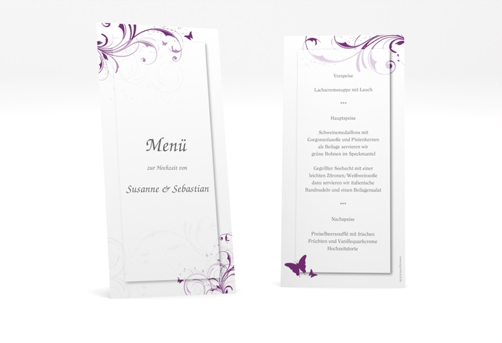 Menükarte Hochzeit Palma lange Karte hoch lila