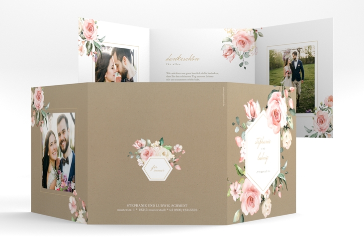 Dankeskarte Hochzeit Graceful quadr. Doppel-Klappkarte Kraftpapier hochglanz mit Rosenblüten in Rosa und Weiß