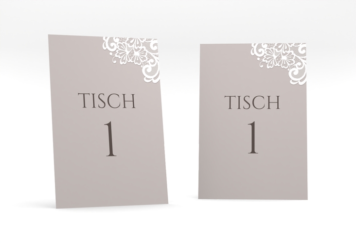Tischnummer Hochzeit Vintage Tischaufsteller grau mit floraler Spitze