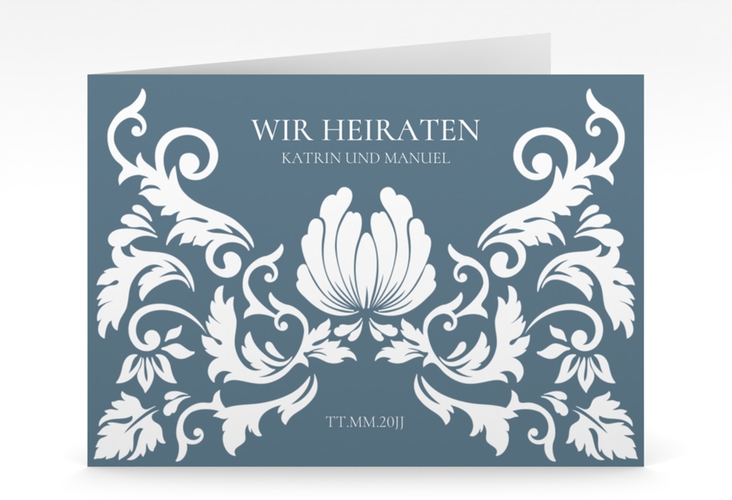Hochzeitseinladung Royal mittlere Klappkarte quer mit barockem Blumen-Ornament