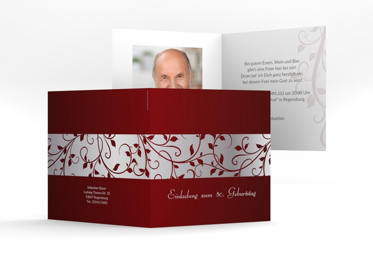 Einladung 80. Geburtstag Hermann/Hermine quadr. Klappkarte rot