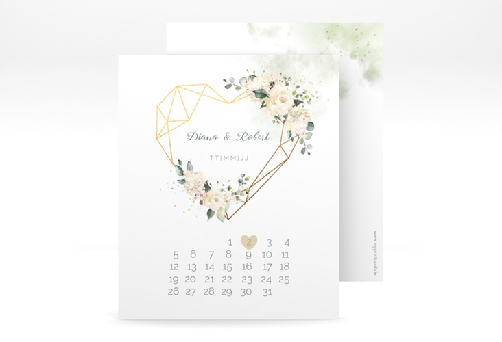 Save the Date-Kalenderblatt Adore Kalenderblatt-Karte hochglanz mit geometrischem Herz und Rosen in Pastell