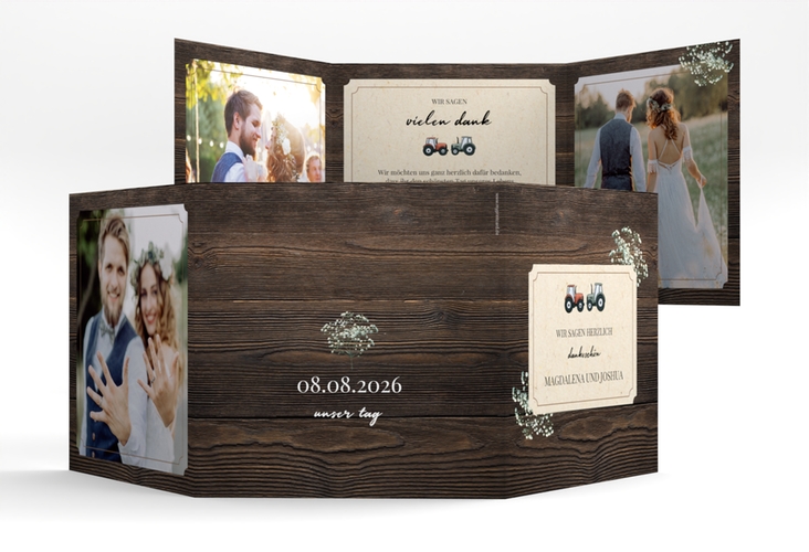 Dankeskarte Hochzeit Bauernhochzeit quadr. Doppel-Klappkarte in rustikaler Holz-Optik mit Schleierkraut und zwei kleinen Traktoren