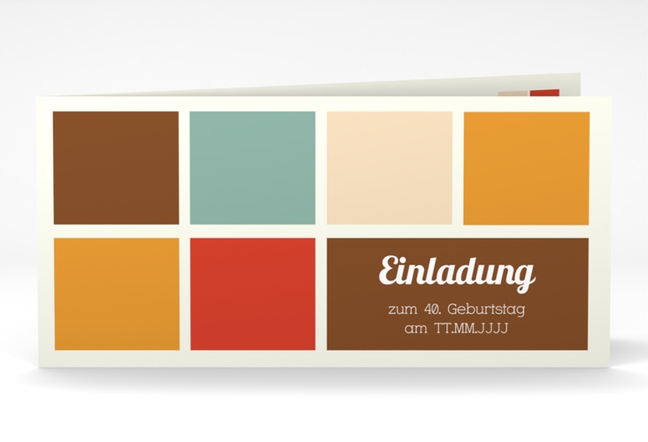 Einladung 40. Geburtstag Daniel/Daniela lange Klappkarte quer braun in Retro-Farben