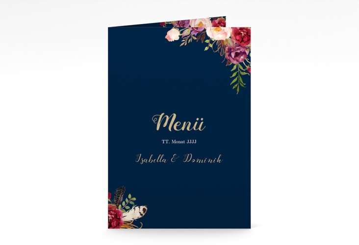 Menükarte Hochzeit Flowers A5 Klappkarte hoch blau hochglanz mit bunten Aquarell-Blumen