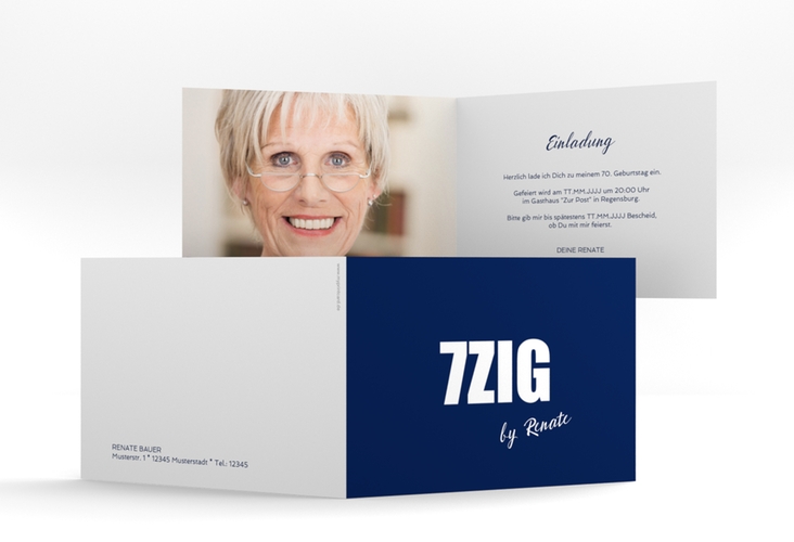 Einladung 70. Geburtstag Zig A6 Klappkarte quer blau hochglanz