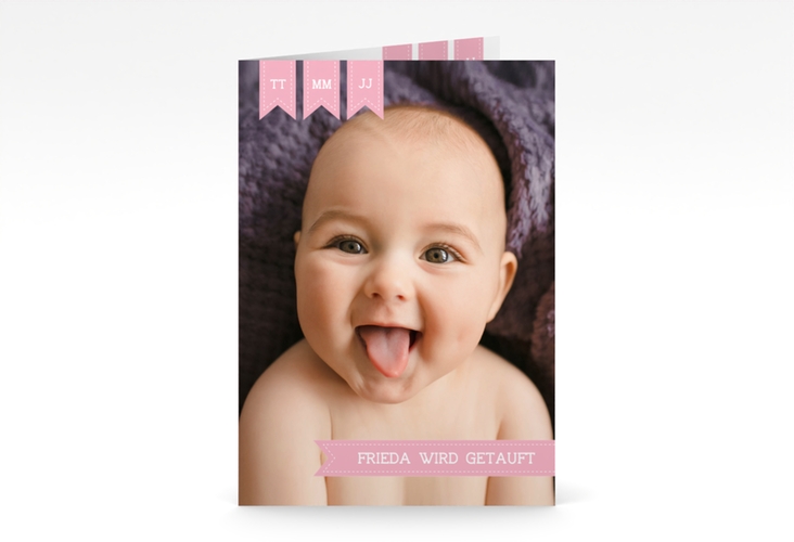 Einladungskarte Taufe Trust A6 Klappkarte hoch rosa mit Baby-Foto