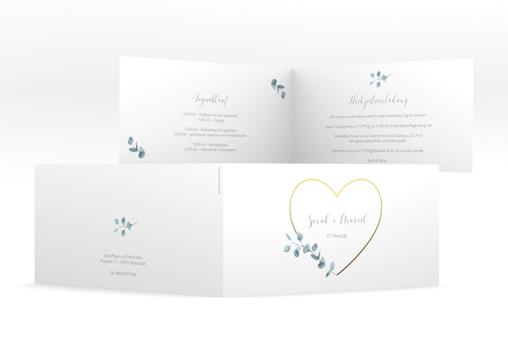 Hochzeitseinladung Greenheart lange Klappkarte quer hochglanz mit elegantem Herz und Eukalyptus-Zweig