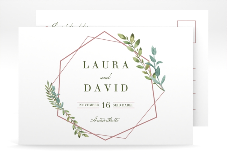 Antwortkarte Hochzeit  Herbarium A6 Postkarte rosa mit geometrischem Rahmen und Blätter-Dekor