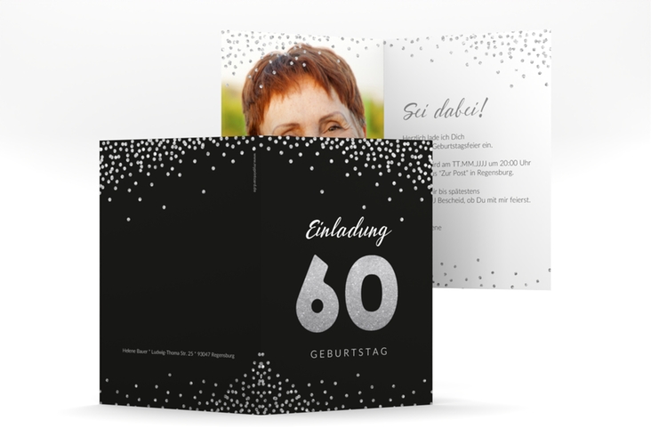 Einladung 60. Geburtstag Glitzer A6 Klappkarte hoch grau