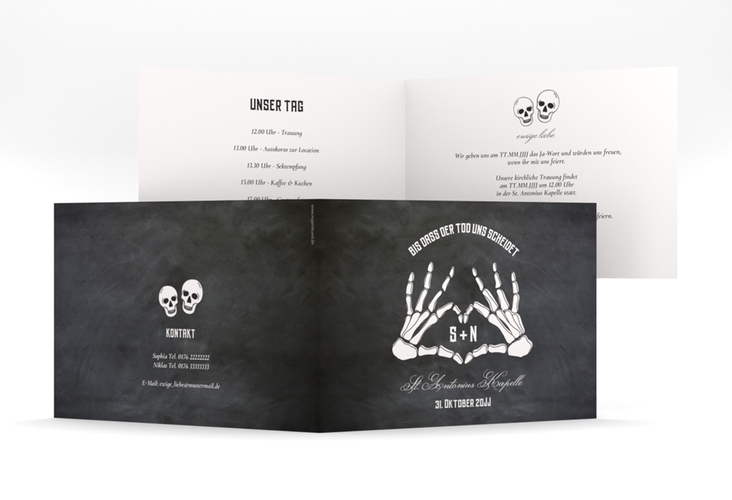Hochzeitseinladung Skeleton mittlere Klappkarte quer schwarz mit Skelett-Händen
