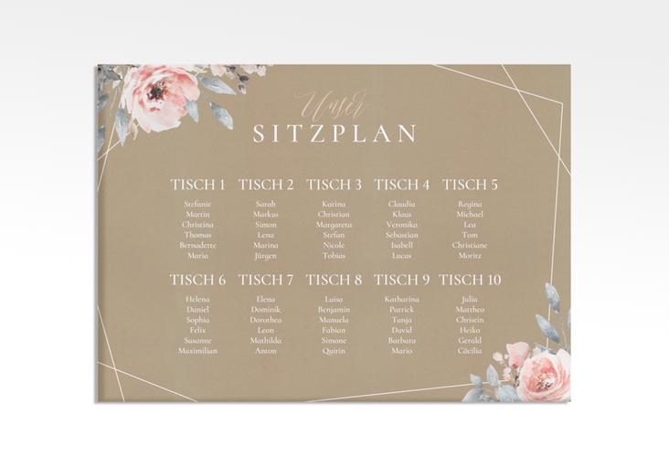 Sitzplan Leinwand Hochzeit Perfection 70 x 50 cm Leinwand mit rosa Rosen