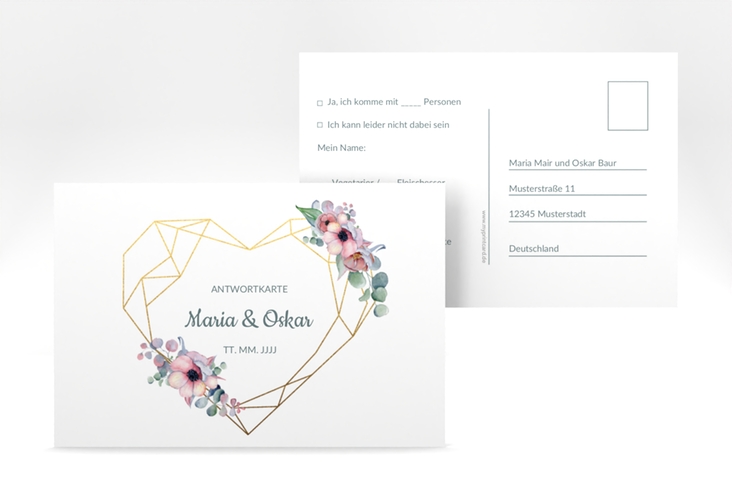 Antwortkarte Hochzeit Herzgold A6 Postkarte
