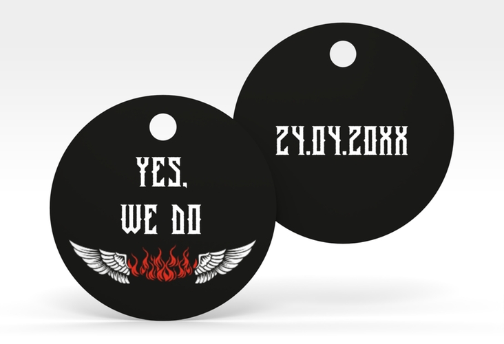 Geschenkanhänger Hochzeit Biker Geschenkanhänger, rund mit Rocker-Paar auf Motorrad