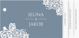 Klick: Details zu Hochzeitseinladung "Vintage" anzeigen Hochzeitseinladung Vintage Booklet blau mit floraler Spitze