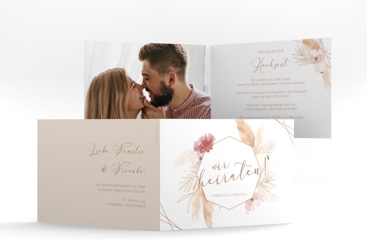 Hochzeitseinladung Bohostyle A6 Klappkarte quer mit Pampasgras in Aquarell