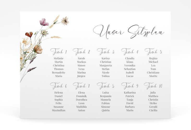 Sitzplan Poster Hochzeit Sauvages 70 x 50 cm Poster weiss mit getrockneten Wiesenblumen