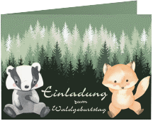 Einladung Kindergeburtstag mit Maske Waldkinder A6 Klappkarte quer grau