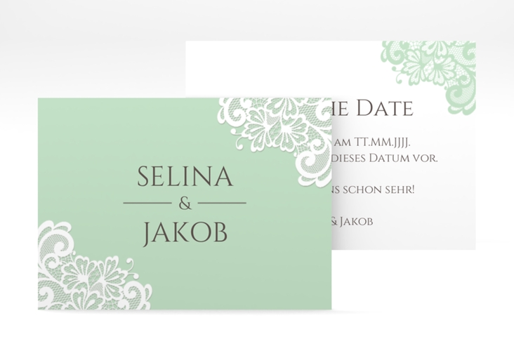Save the Date-Visitenkarte Vintage Visitenkarte quer mint mit floraler Spitze