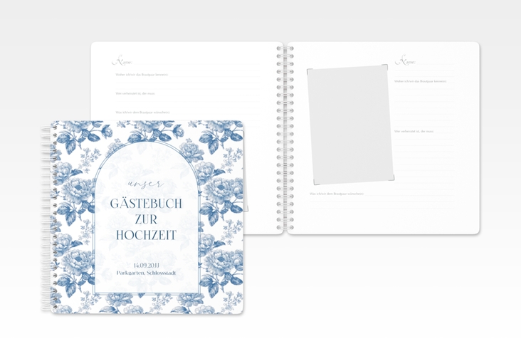 Gästebuch Hochzeit Blue Floral Ringbindung weiss mit blauem Blumenmuster auf weißem Grund