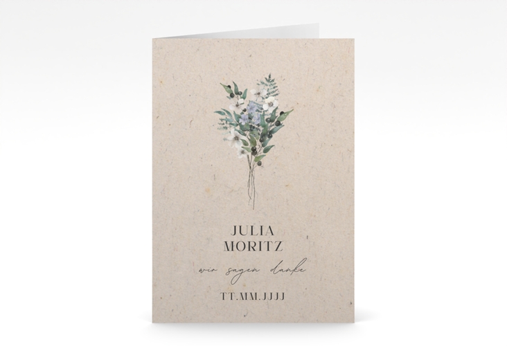 Danksagungskarte Hochzeit Sträußchen A6 Klappkarte hoch Kraftpapier hochglanz mit kleinem Blumenbouquet im Nostalgie-Design