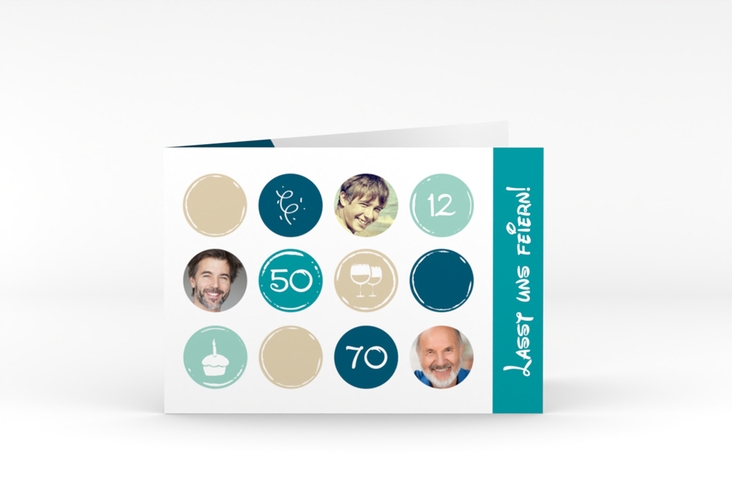 Einladung 70. Geburtstag Circles A6 Klappkarte quer tuerkis