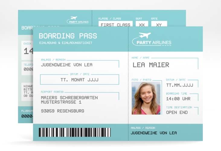 Einladung Jugendweihe Ticket A6 Karte quer blau