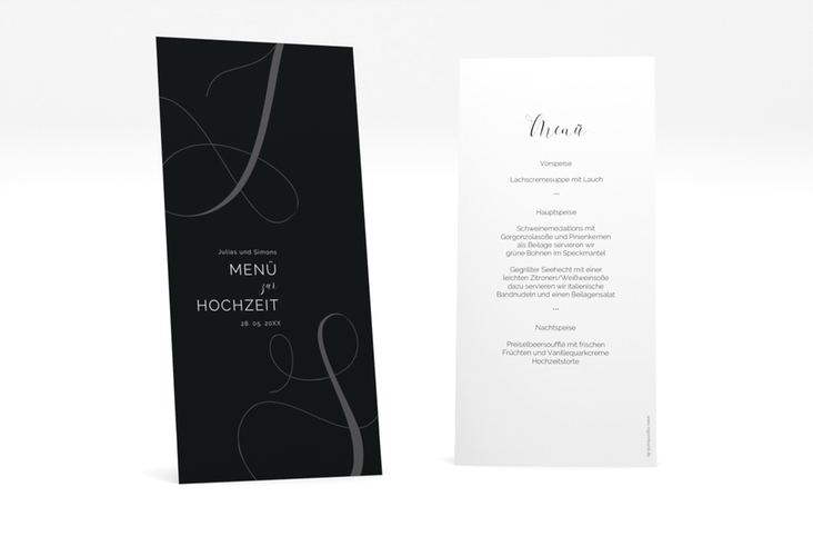 Menükarte Hochzeit Eheschließung lange Karte hoch schwarz