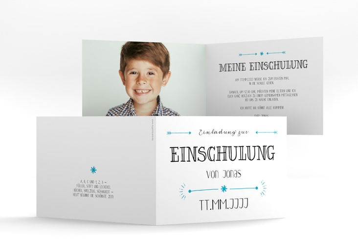 Einschulungskarte Druckschrift A6 Klappkarte quer tuerkis